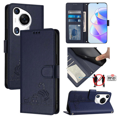 Huawei Pura 70 Pro Cat and Rat Embossed Pattern, RFID Leather Phone Case with Lanyard, Kickstand, and Wallet Features