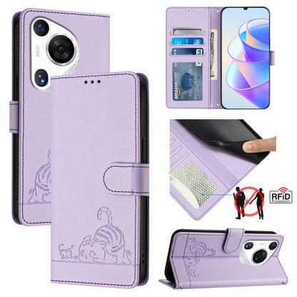 Huawei Pura 70 Pro Cat and Rat Embossed Pattern, RFID Leather Phone Case with Lanyard, Kickstand, and Wallet Features