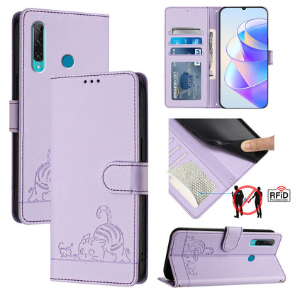 Huawei Enjoy 9s 4G Cat and Rat Embossed Pattern, RFID Leather Phone Case with Lanyard, Kickstand, and Wallet Features