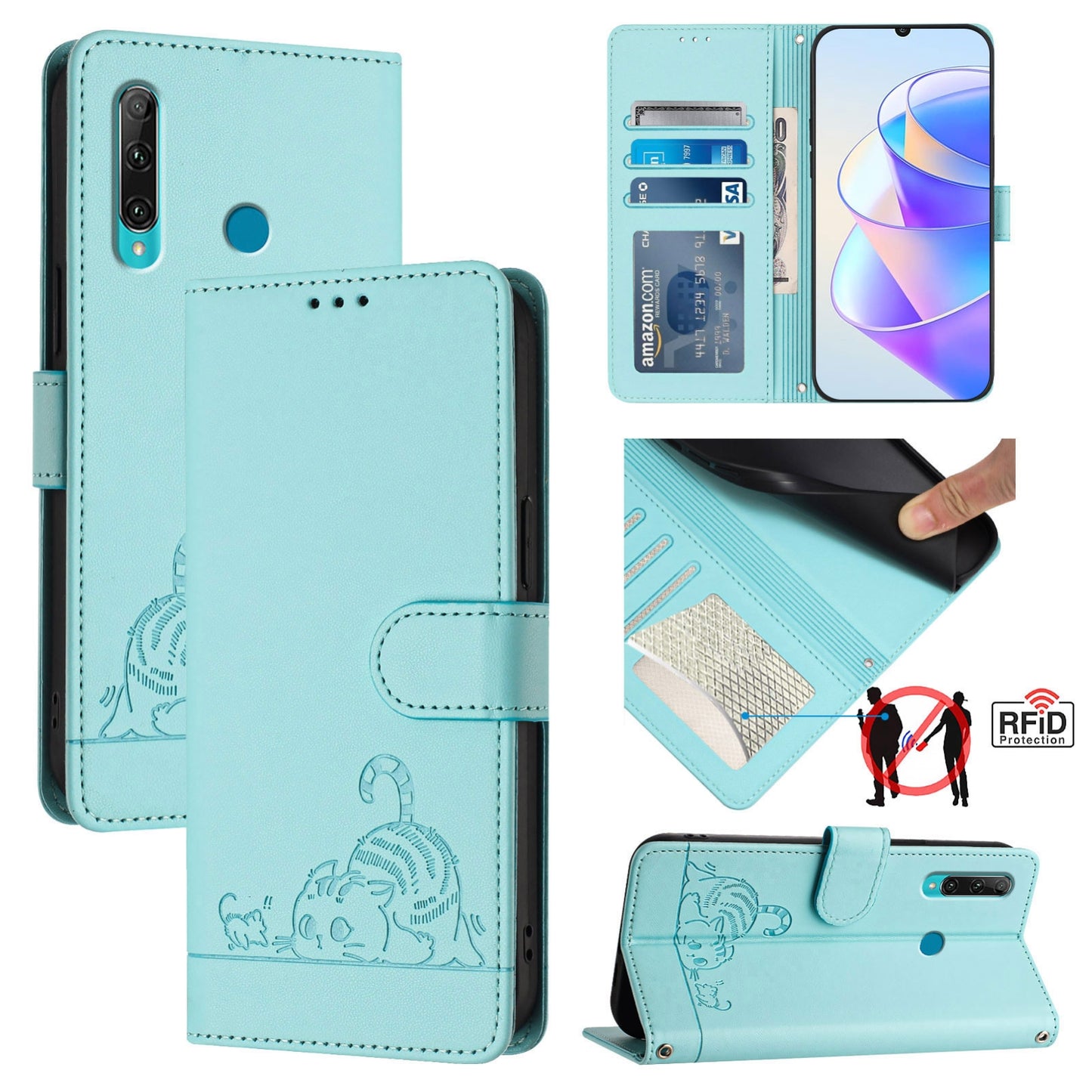 Huawei P Smart 2019 Cat and Rat Embossed Pattern, RFID Leather Phone Case with Lanyard, Kickstand, and Wallet Features