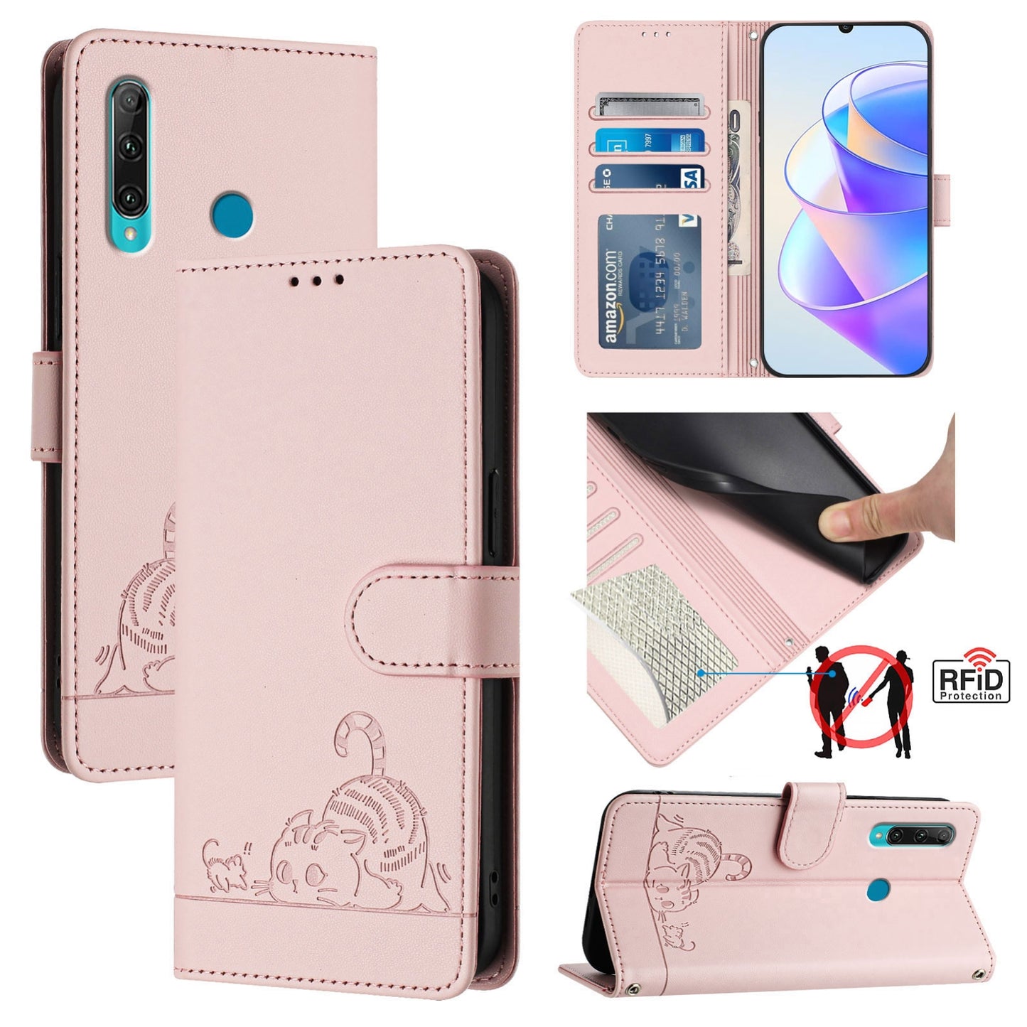 Huawei P Smart 2019 Cat and Rat Embossed Pattern, RFID Leather Phone Case with Lanyard, Kickstand, and Wallet Features