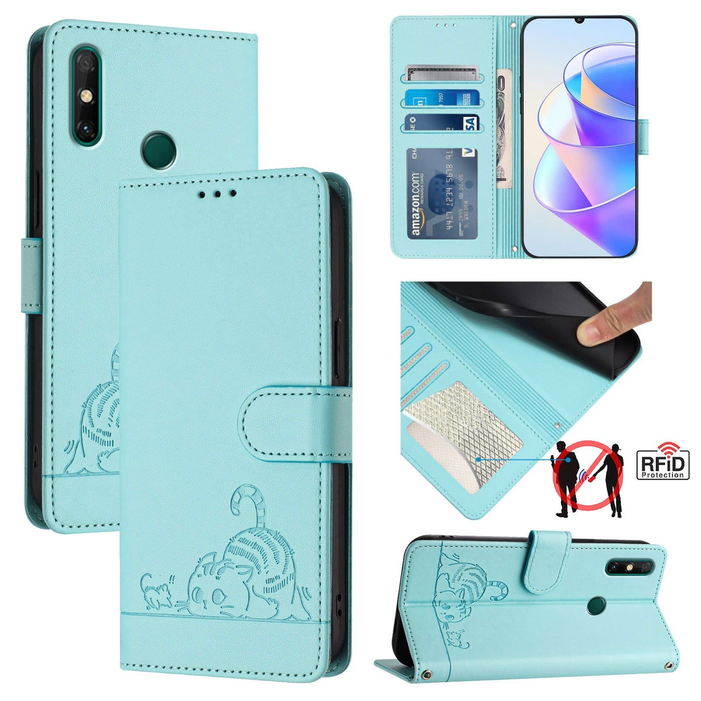 Huawei Enjoy 20 SE Cat and Rat Embossed Pattern, RFID Leather Phone Case with Lanyard, Kickstand, and Wallet Features