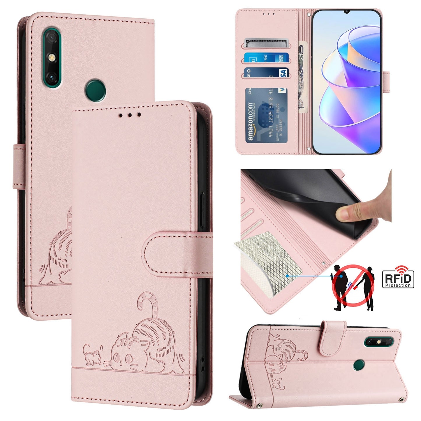 Huawei Enjoy 20 SE Cat and Rat Embossed Pattern, RFID Leather Phone Case with Lanyard, Kickstand, and Wallet Features