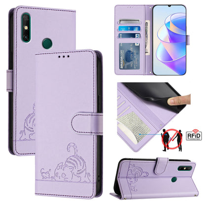 Huawei Enjoy 20 SE Cat and Rat Embossed Pattern, RFID Leather Phone Case with Lanyard, Kickstand, and Wallet Features