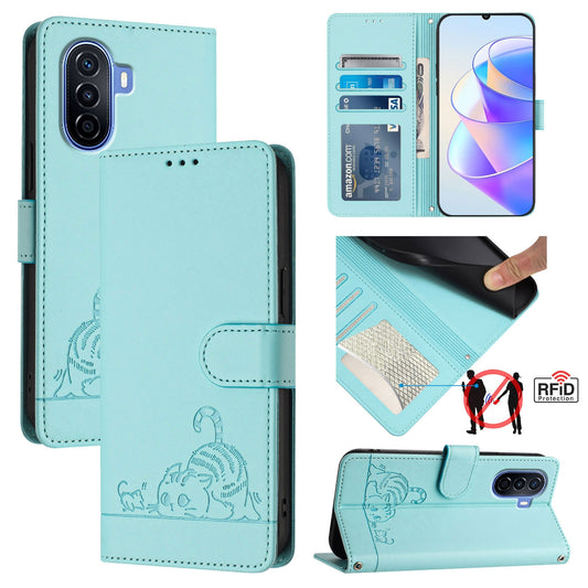 Huawei Enjoy 50 4G Cat and Rat Embossed Pattern, RFID Leather Phone Case with Lanyard, Kickstand, and Wallet Features