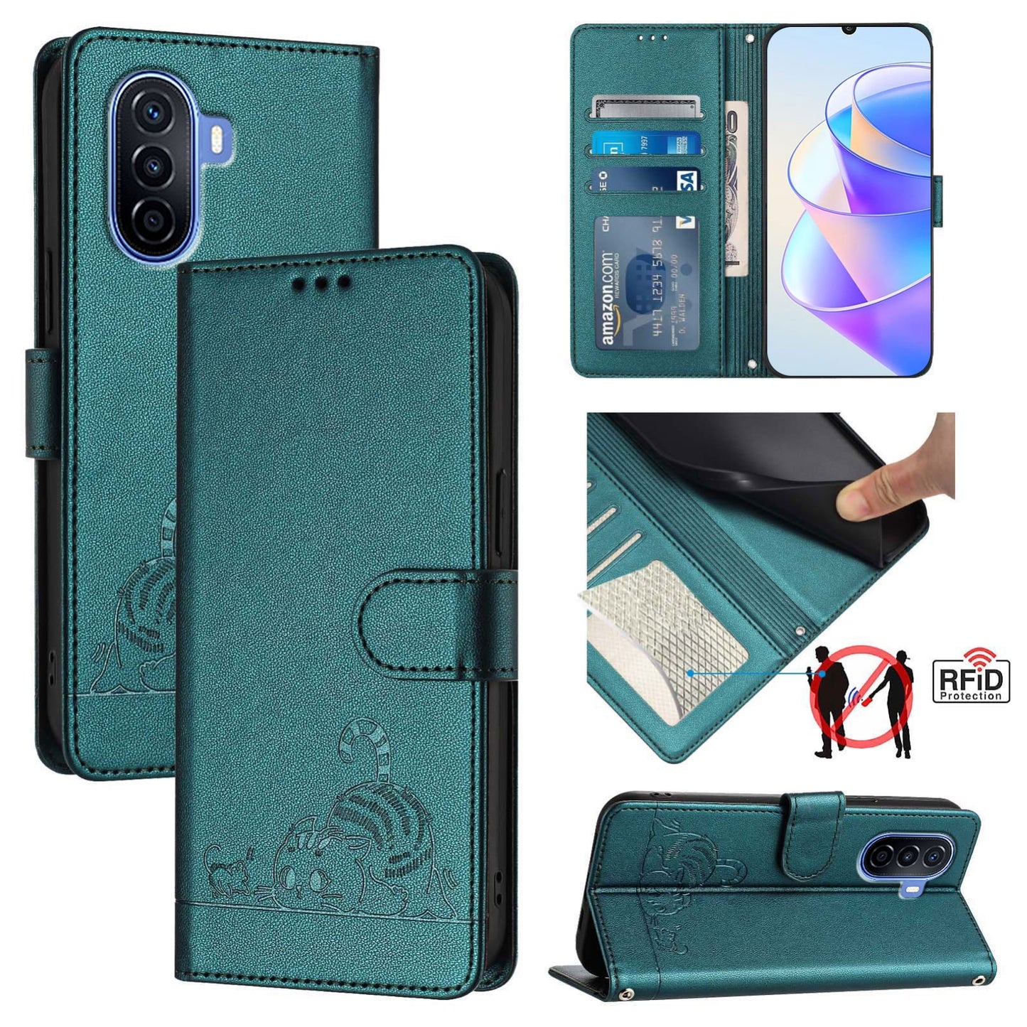 Huawei Enjoy 50 4G Cat and Rat Embossed Pattern, RFID Leather Phone Case with Lanyard, Kickstand, and Wallet Features