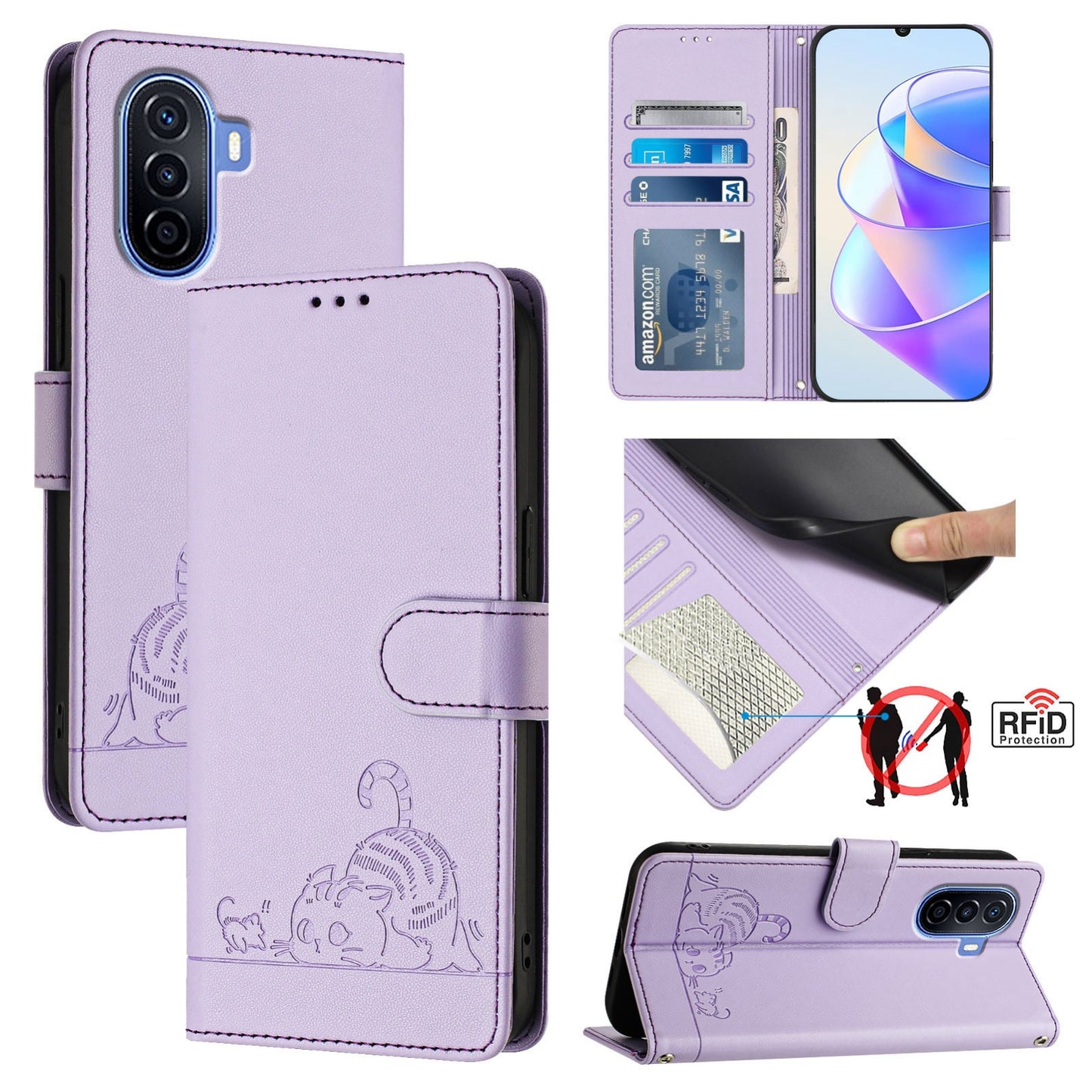 Huawei Enjoy 50 4G Cat and Rat Embossed Pattern, RFID Leather Phone Case with Lanyard, Kickstand, and Wallet Features