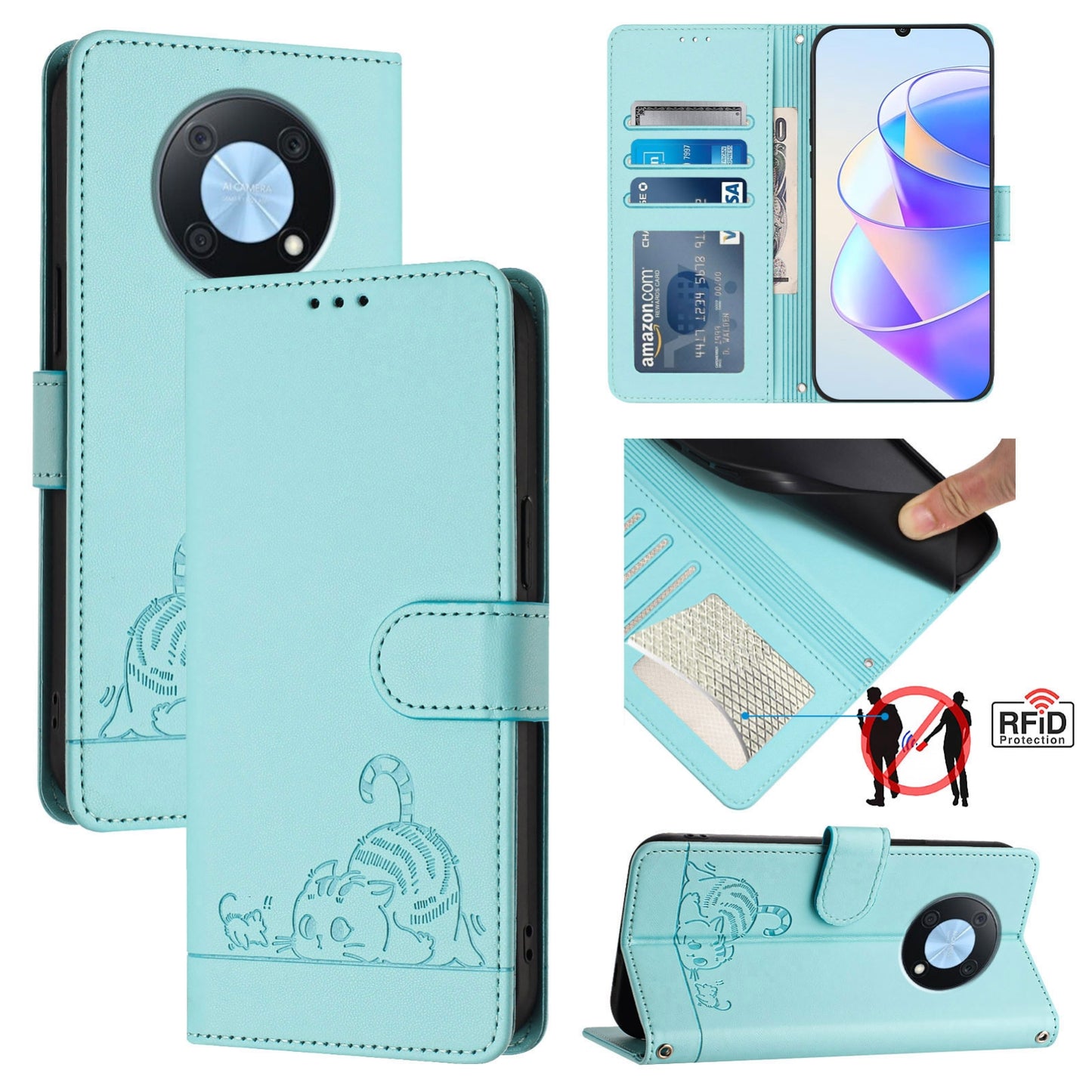 Huawei Enjoy 50 Pro 4G Cat and Rat Embossed Pattern, RFID Leather Phone Case with Lanyard, Kickstand, and Wallet Features