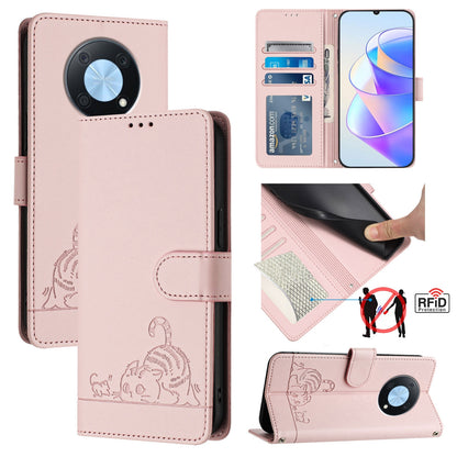 Huawei Enjoy 50 Pro 4G Cat and Rat Embossed Pattern, RFID Leather Phone Case with Lanyard, Kickstand, and Wallet Features