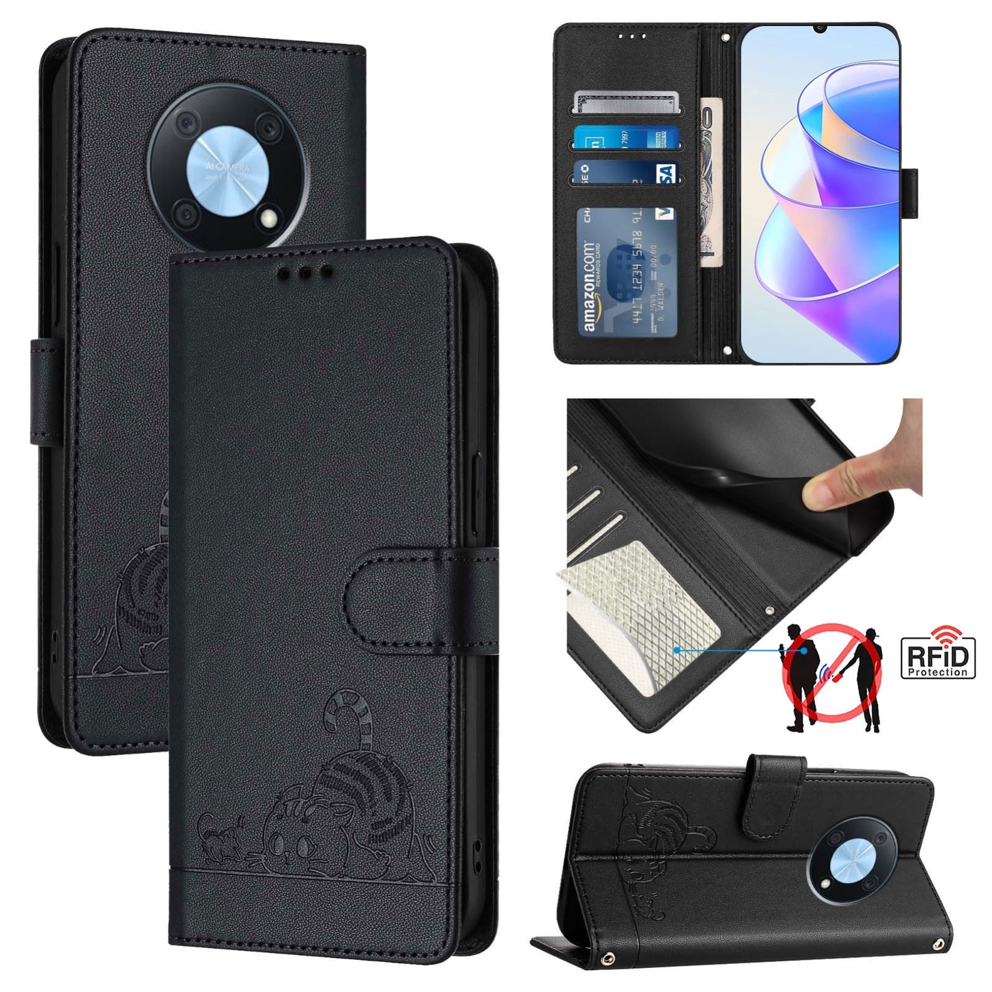 Huawei Enjoy 50 Pro 4G Cat and Rat Embossed Pattern, RFID Leather Phone Case with Lanyard, Kickstand, and Wallet Features