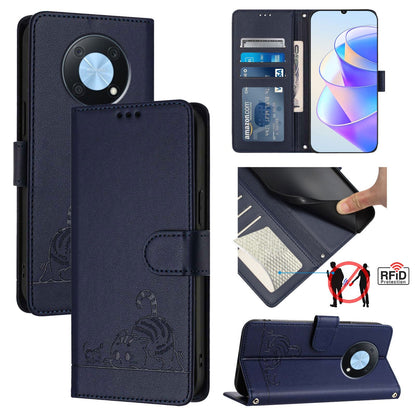 Huawei Enjoy 50 Pro 4G Cat and Rat Embossed Pattern, RFID Leather Phone Case with Lanyard, Kickstand, and Wallet Features