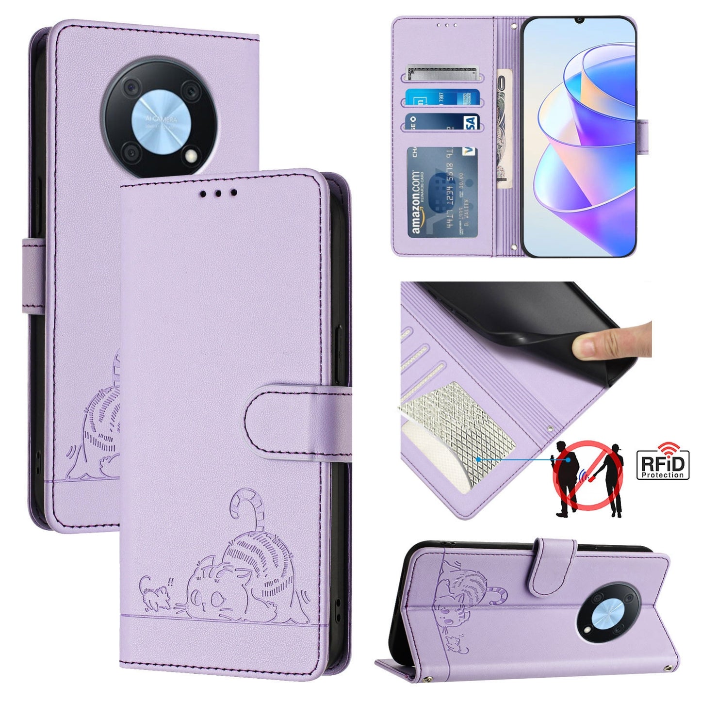 Huawei Enjoy 50 Pro 4G Cat and Rat Embossed Pattern, RFID Leather Phone Case with Lanyard, Kickstand, and Wallet Features