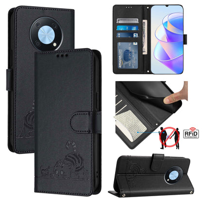 Huawei nova Y90 Cat and Rat Embossed Pattern, RFID Leather Phone Case with Lanyard, Kickstand, and Wallet Features