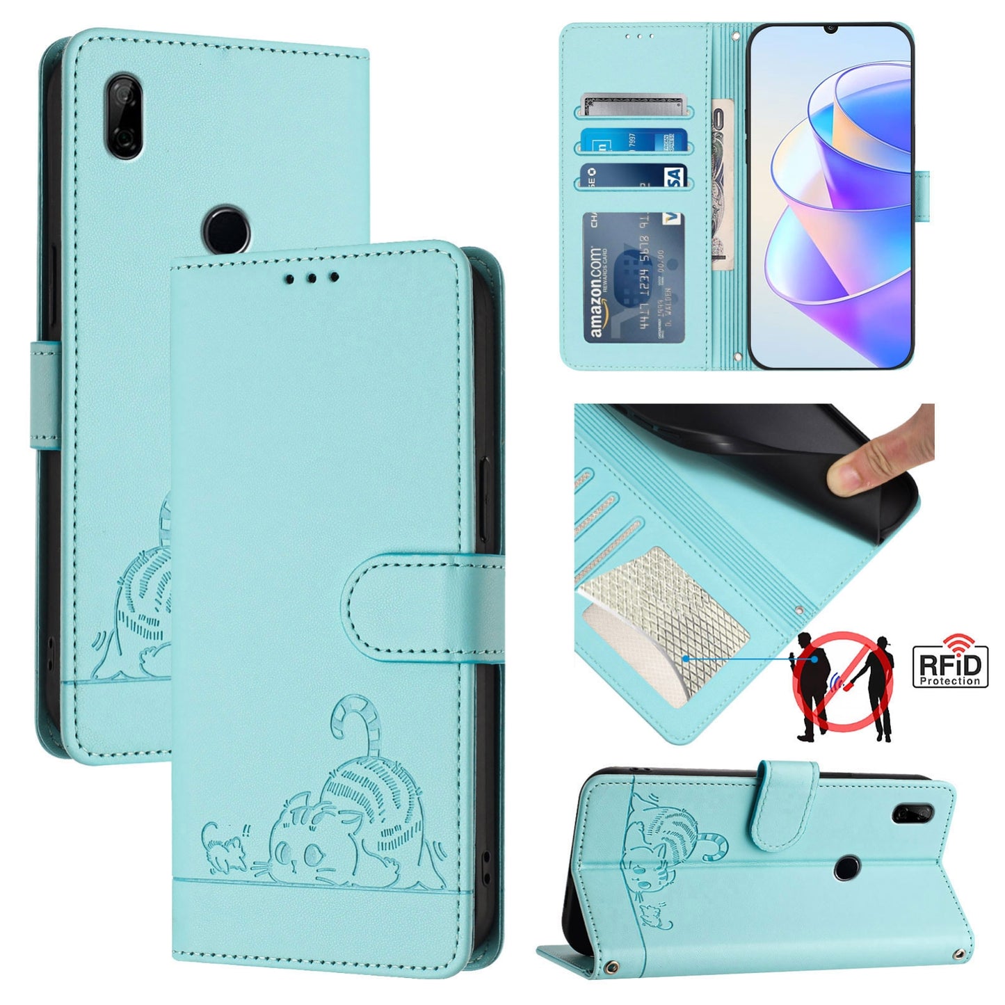 Huawei P Smart Z Cat and Rat Embossed Pattern, RFID Leather Phone Case with Lanyard, Kickstand, and Wallet Features