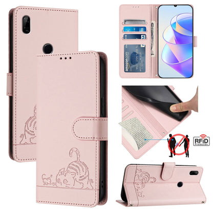 Huawei Y9 Prime 2019 Cat and Rat Embossed Pattern, RFID Leather Phone Case with Lanyard, Kickstand, and Wallet Features