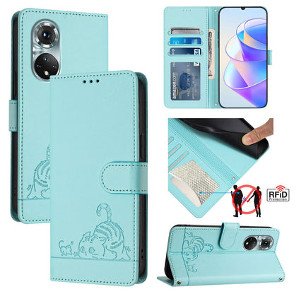 Huawei nova 9 Cat and Rat Embossed Pattern, RFID Leather Phone Case with Lanyard, Kickstand, and Wallet Features