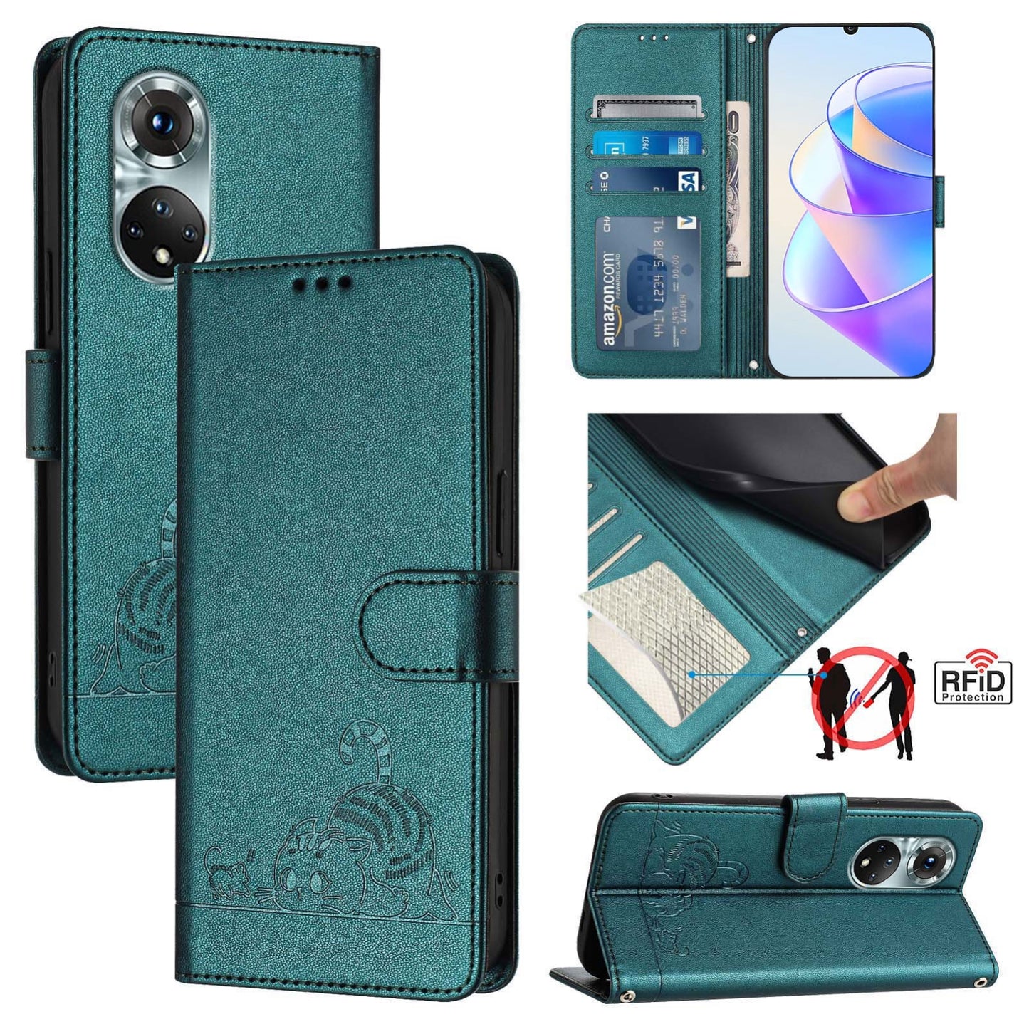 Huawei nova 9 Cat and Rat Embossed Pattern, RFID Leather Phone Case with Lanyard, Kickstand, and Wallet Features