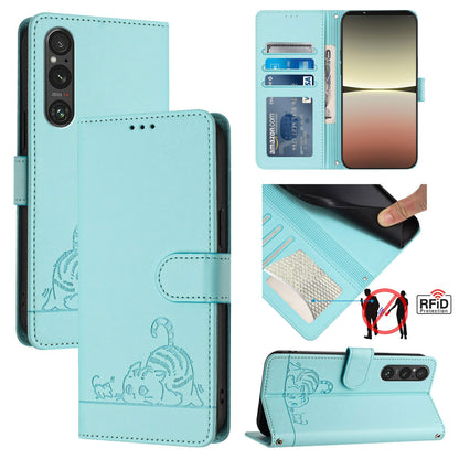 Sony Xperia 1 V 2023 Cat and Rat Embossed Pattern, RFID Leather Phone Case with Lanyard, Kickstand, and Wallet Features