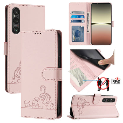 Sony Xperia 1 V 2023 Cat and Rat Embossed Pattern, RFID Leather Phone Case with Lanyard, Kickstand, and Wallet Features