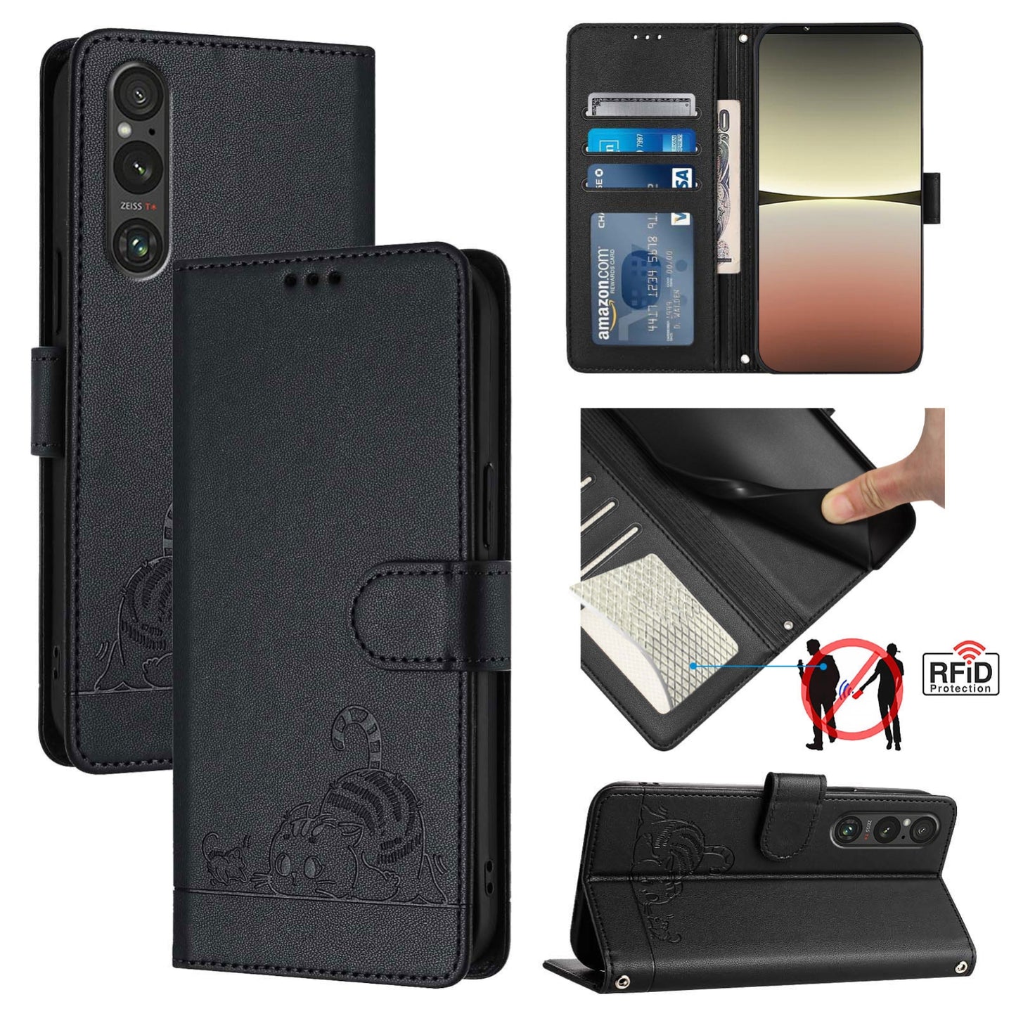 Sony Xperia 1 V 2023 Cat and Rat Embossed Pattern, RFID Leather Phone Case with Lanyard, Kickstand, and Wallet Features