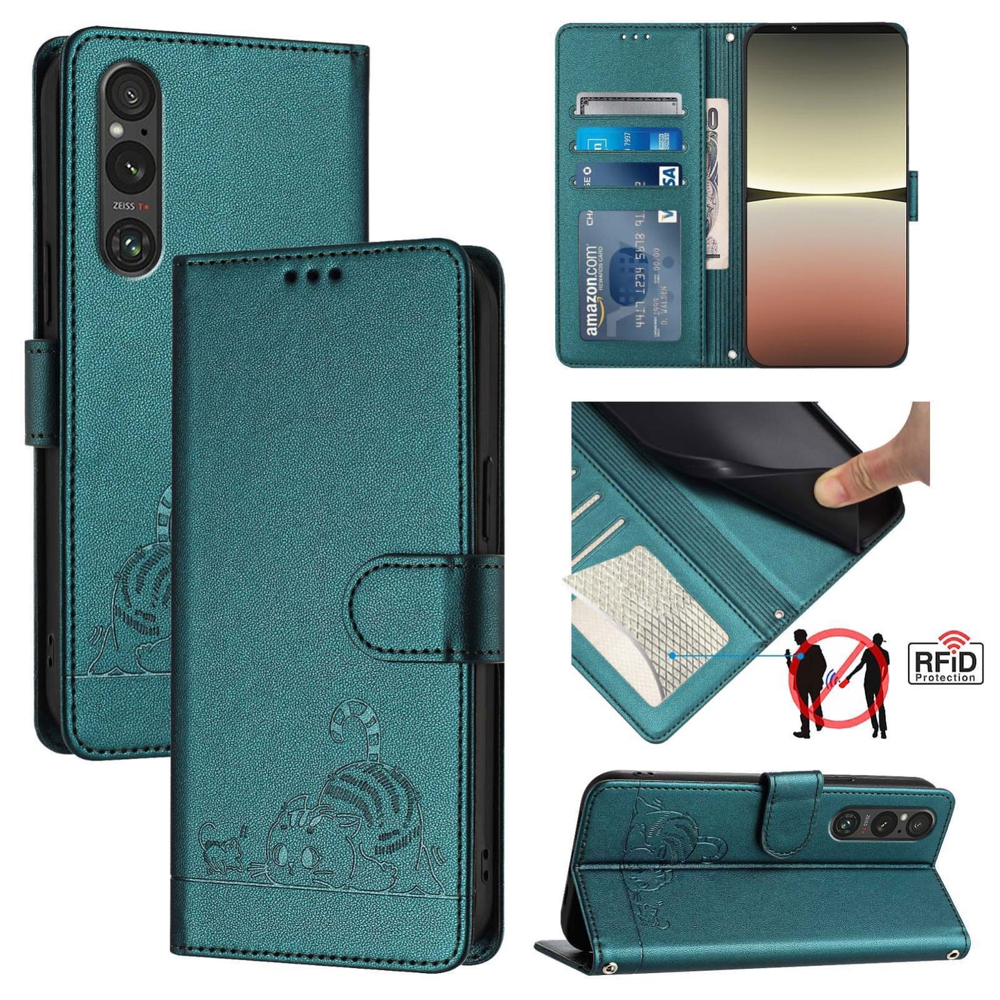 Sony Xperia 1 V 2023 Cat and Rat Embossed Pattern, RFID Leather Phone Case with Lanyard, Kickstand, and Wallet Features