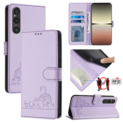 Sony Xperia 1 V 2023 Cat and Rat Embossed Pattern, RFID Leather Phone Case with Lanyard, Kickstand, and Wallet Features