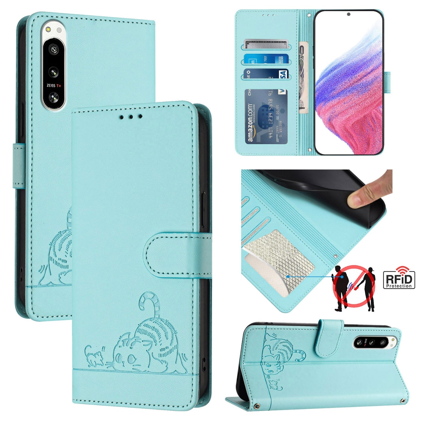 Sony Xperia 5 IV Cat and Rat Embossed Pattern, RFID Leather Phone Case with Lanyard, Kickstand, and Wallet Features