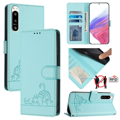 Sony Xperia 5 IV Cat and Rat Embossed Pattern, RFID Leather Phone Case with Lanyard, Kickstand, and Wallet Features