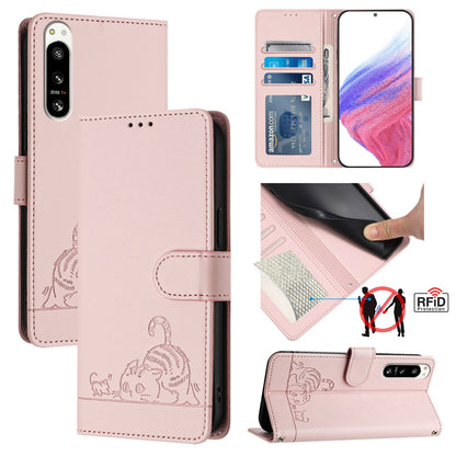 Sony Xperia 5 IV Cat and Rat Embossed Pattern, RFID Leather Phone Case with Lanyard, Kickstand, and Wallet Features