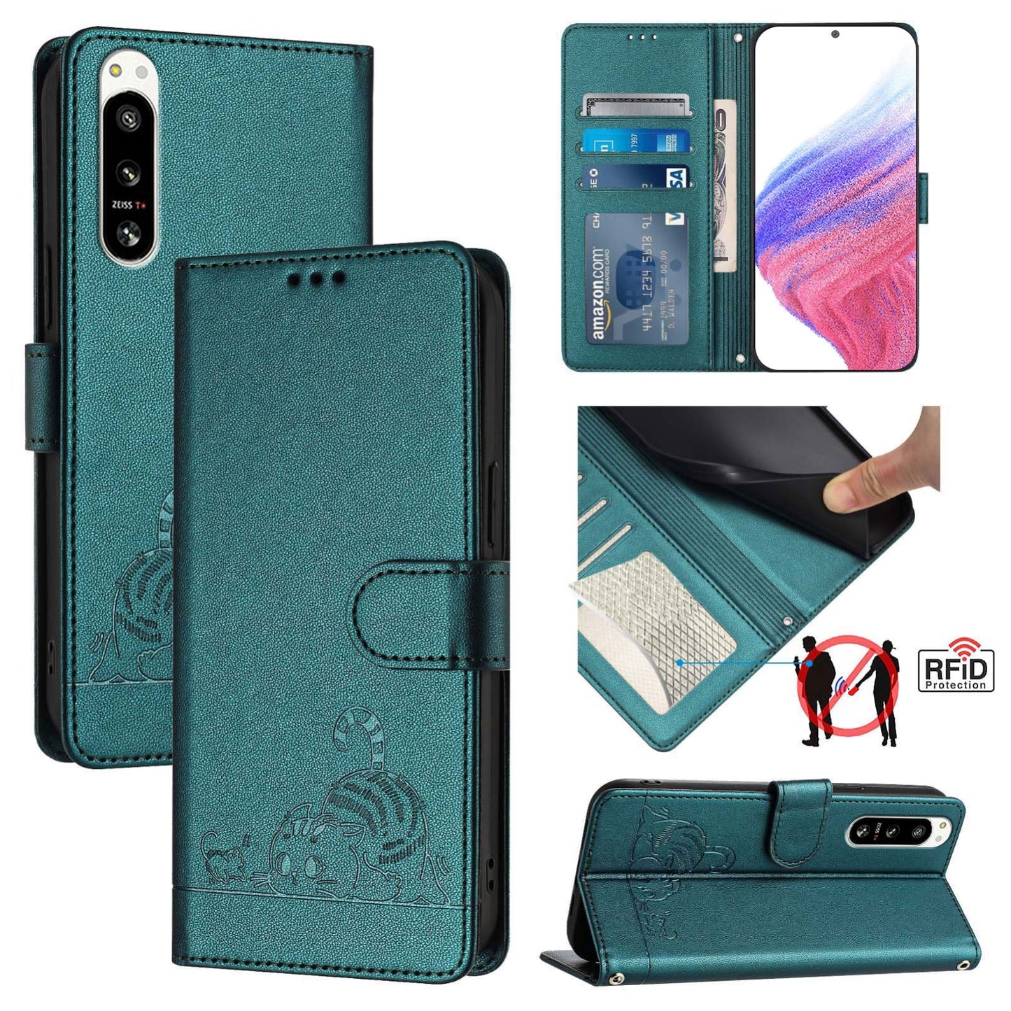 Sony Xperia 5 IV Cat and Rat Embossed Pattern, RFID Leather Phone Case with Lanyard, Kickstand, and Wallet Features