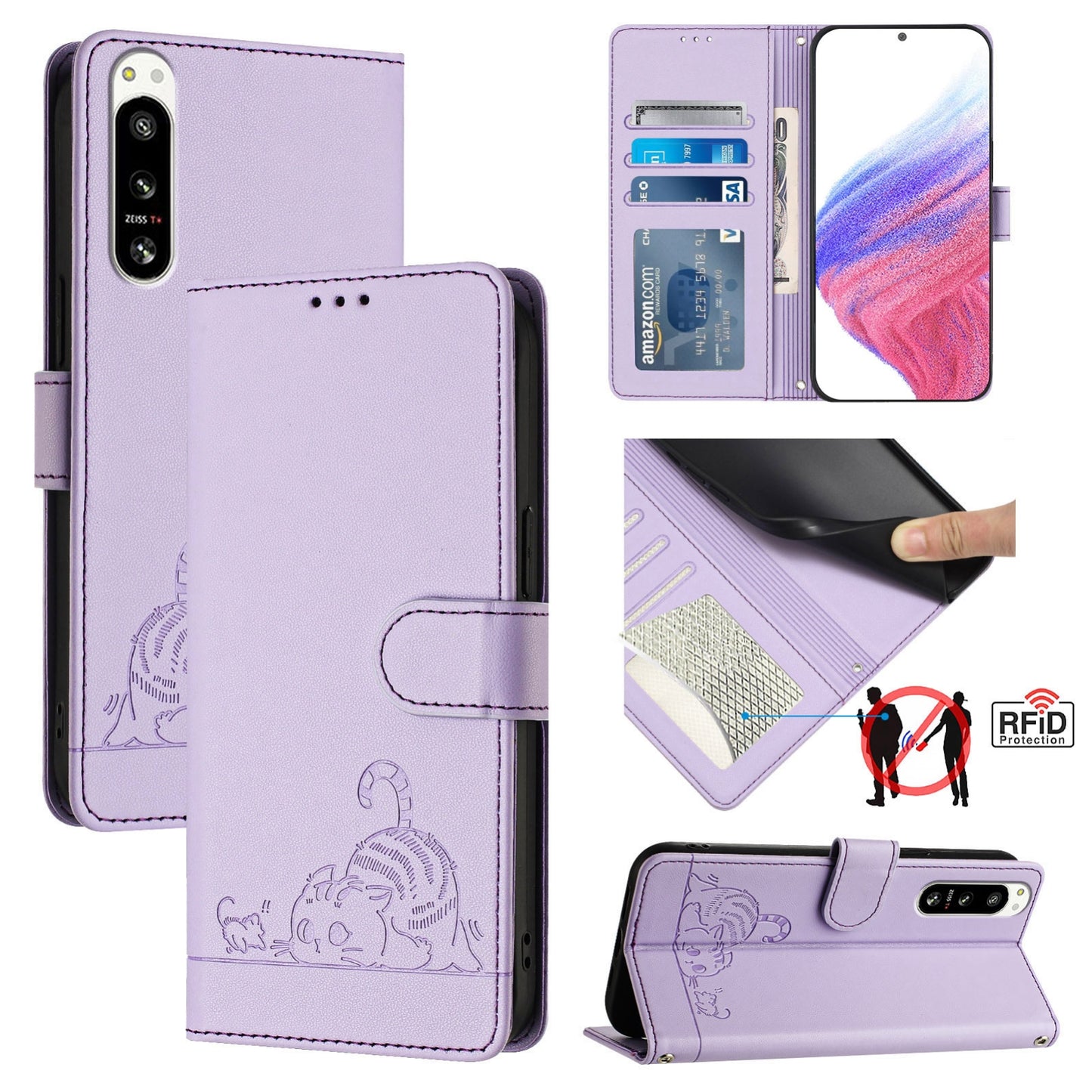 Sony Xperia 5 IV Cat and Rat Embossed Pattern, RFID Leather Phone Case with Lanyard, Kickstand, and Wallet Features