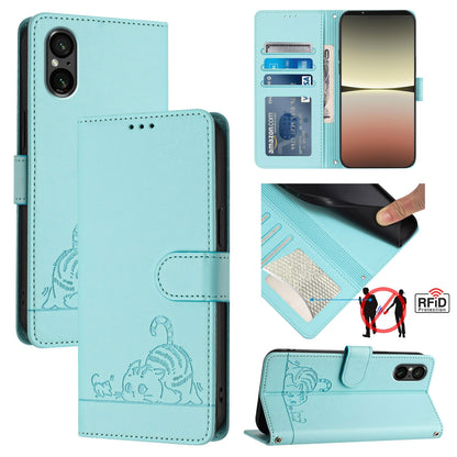 Sony Xperia 5 V 2023 Cat and Rat Embossed Pattern, RFID Leather Phone Case with Lanyard, Kickstand, and Wallet Features