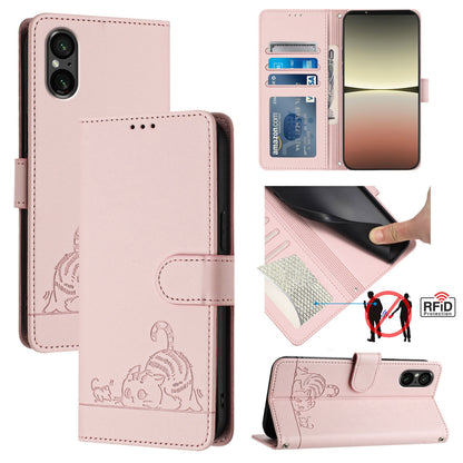 Sony Xperia 5 V 2023 Cat and Rat Embossed Pattern, RFID Leather Phone Case with Lanyard, Kickstand, and Wallet Features