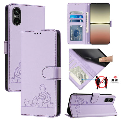 Sony Xperia 5 V 2023 Cat and Rat Embossed Pattern, RFID Leather Phone Case with Lanyard, Kickstand, and Wallet Features