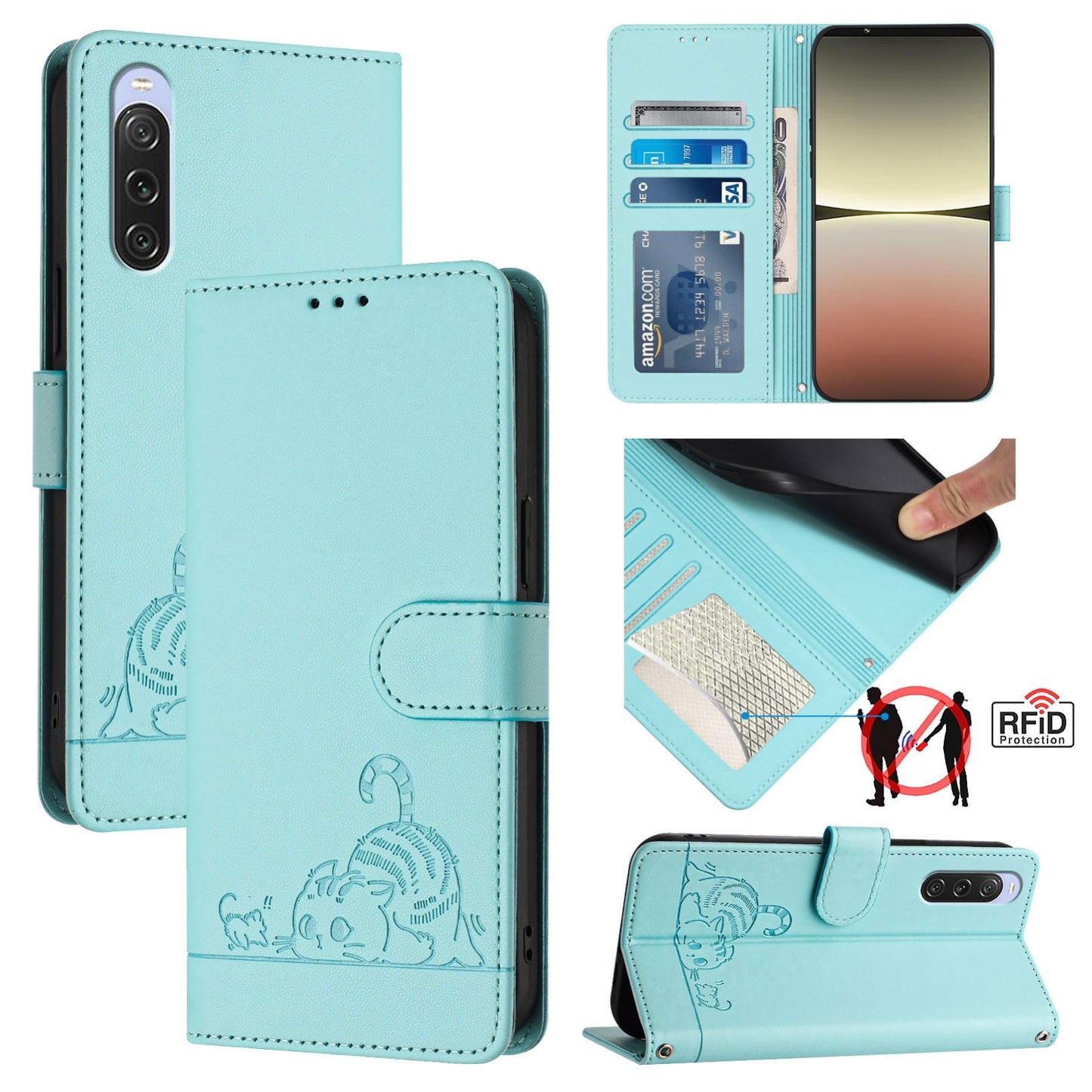 Sony Xperia 10 V 2023 Cat and Rat Embossed Pattern, RFID Leather Phone Case with Lanyard, Kickstand, and Wallet Features