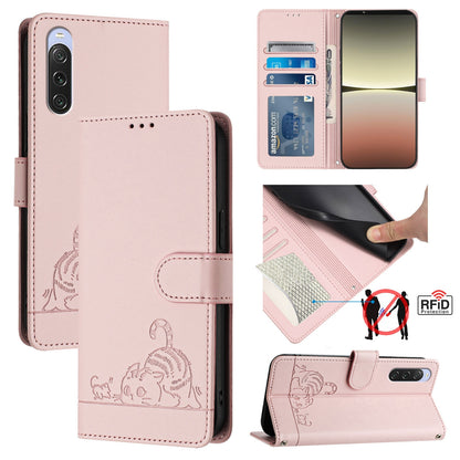 Sony Xperia 10 V 2023 Cat and Rat Embossed Pattern, RFID Leather Phone Case with Lanyard, Kickstand, and Wallet Features