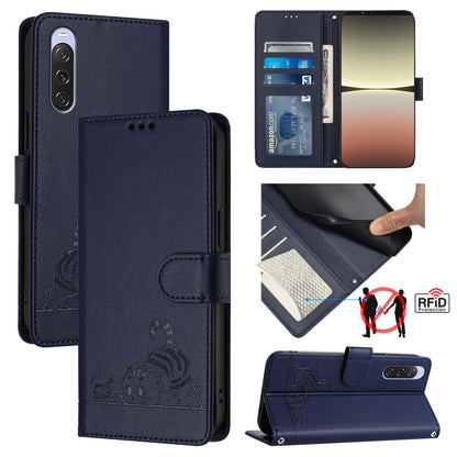 Sony Xperia 10 V 2023 Cat and Rat Embossed Pattern, RFID Leather Phone Case with Lanyard, Kickstand, and Wallet Features