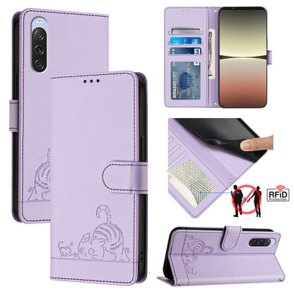 Sony Xperia 10 V 2023 Cat and Rat Embossed Pattern, RFID Leather Phone Case with Lanyard, Kickstand, and Wallet Features