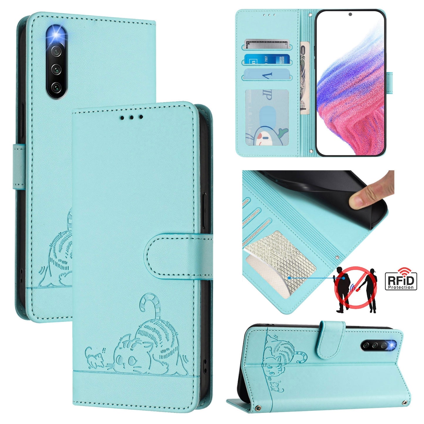 Sony Xperia 10 IV Cat and Rat Embossed Pattern, RFID Leather Phone Case with Lanyard, Kickstand, and Wallet Features