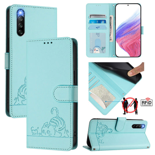 Sony Xperia 10 IV Cat and Rat Embossed Pattern, RFID Leather Phone Case with Lanyard, Kickstand, and Wallet Features