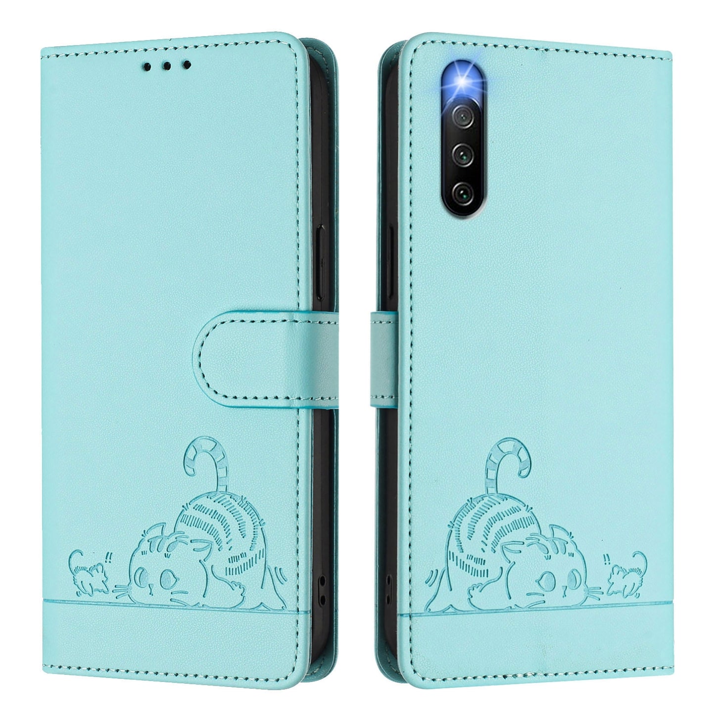 Sony Xperia 10 IV Cat and Rat Embossed Pattern, RFID Leather Phone Case with Lanyard, Kickstand, and Wallet Features