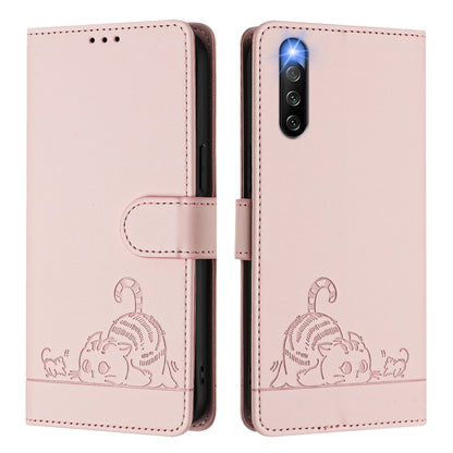 Sony Xperia 10 IV Cat and Rat Embossed Pattern, RFID Leather Phone Case with Lanyard, Kickstand, and Wallet Features