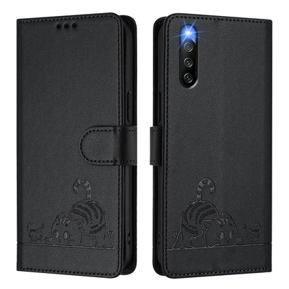 Sony Xperia 10 IV Cat and Rat Embossed Pattern, RFID Leather Phone Case with Lanyard, Kickstand, and Wallet Features