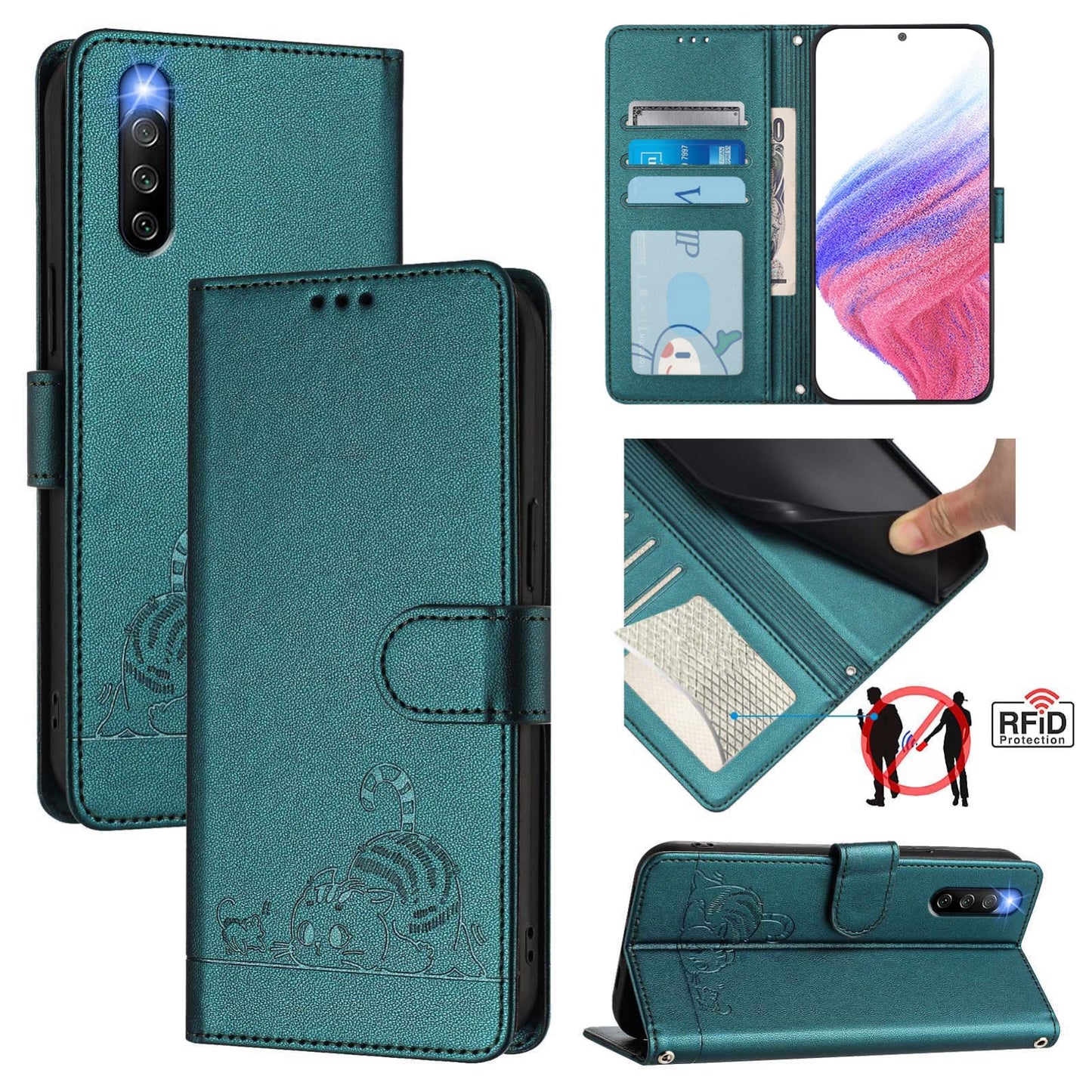 Sony Xperia 10 IV Cat and Rat Embossed Pattern, RFID Leather Phone Case with Lanyard, Kickstand, and Wallet Features