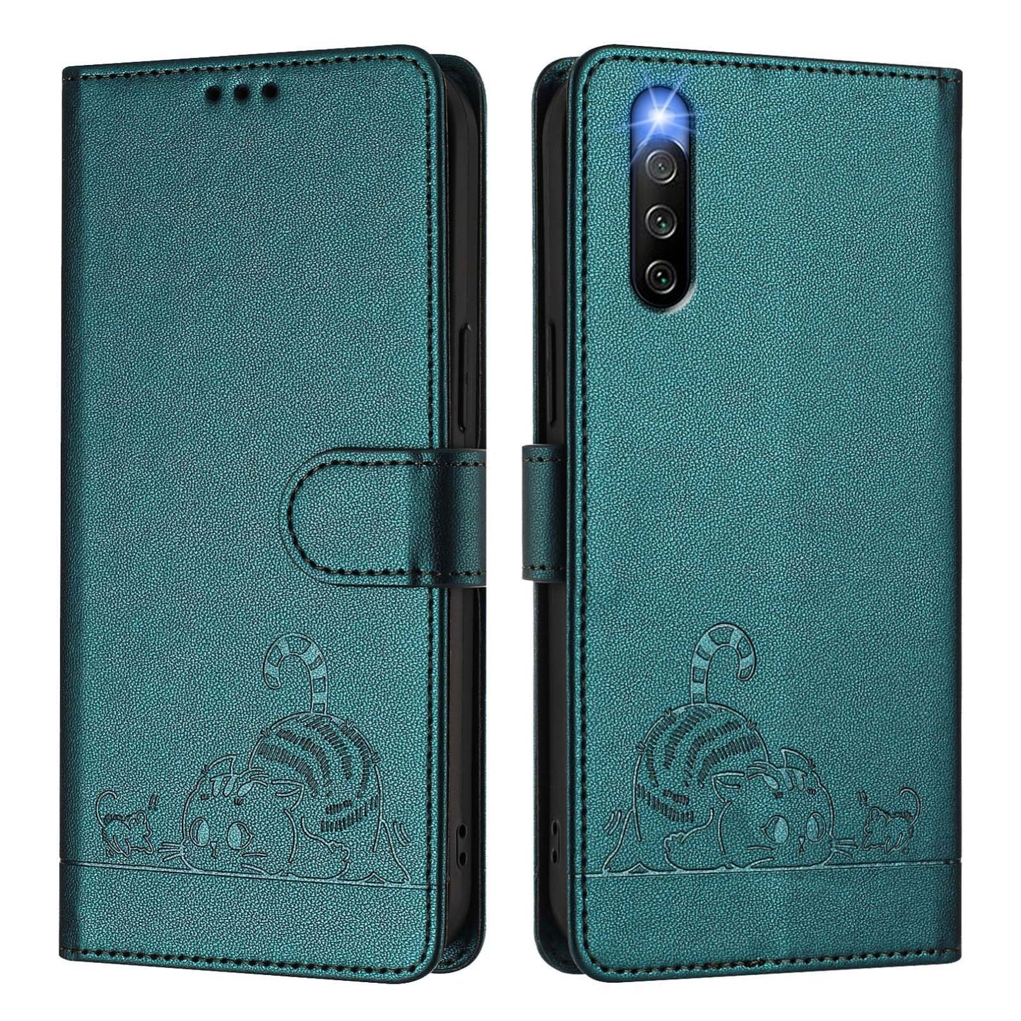 Sony Xperia 10 IV Cat and Rat Embossed Pattern, RFID Leather Phone Case with Lanyard, Kickstand, and Wallet Features