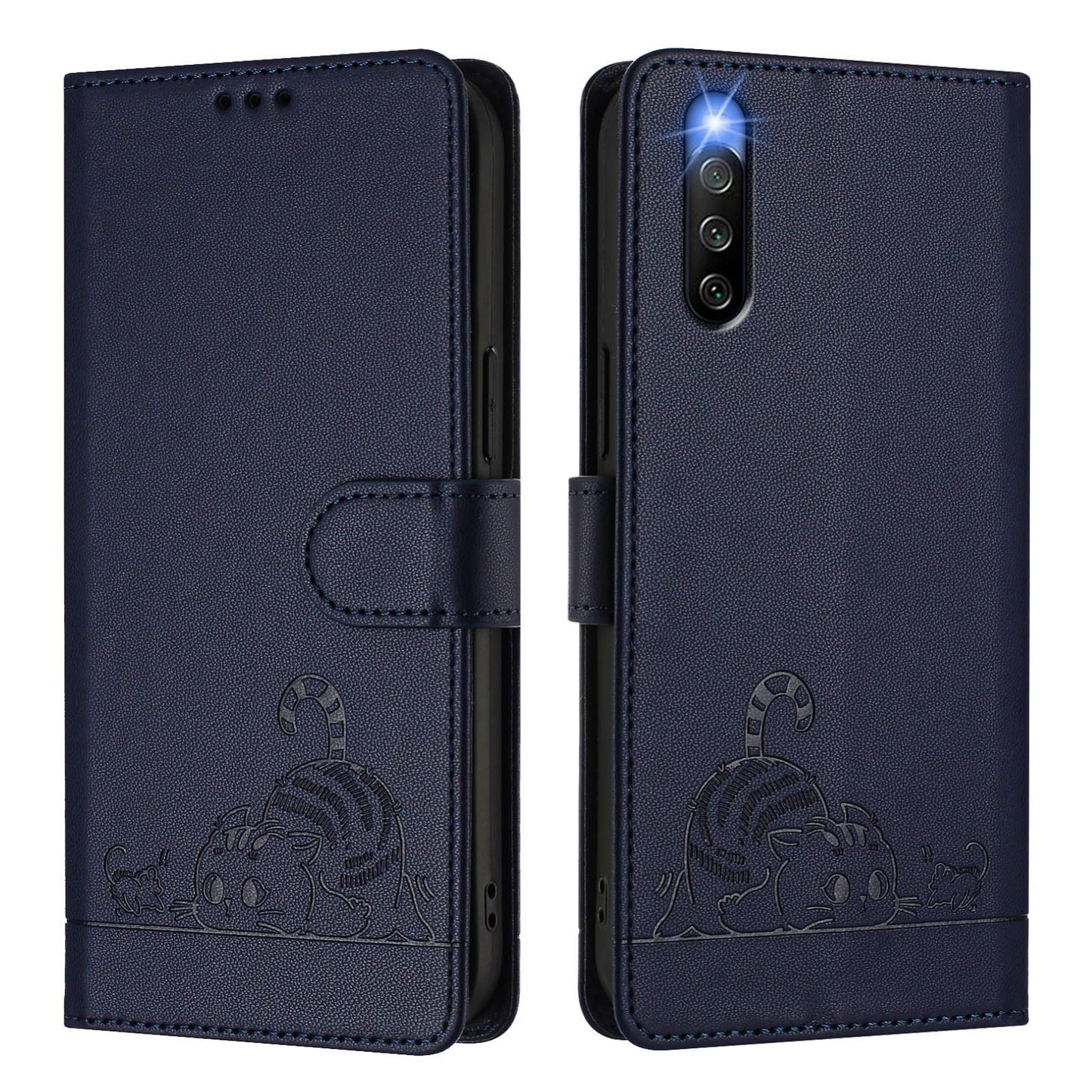 Sony Xperia 10 IV Cat and Rat Embossed Pattern, RFID Leather Phone Case with Lanyard, Kickstand, and Wallet Features