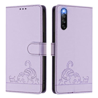 Sony Xperia 10 IV Cat and Rat Embossed Pattern, RFID Leather Phone Case with Lanyard, Kickstand, and Wallet Features