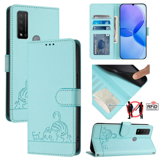 TCL 20 R Cat and Rat Embossed Pattern, RFID Leather Phone Case with Lanyard, Kickstand, and Wallet Features