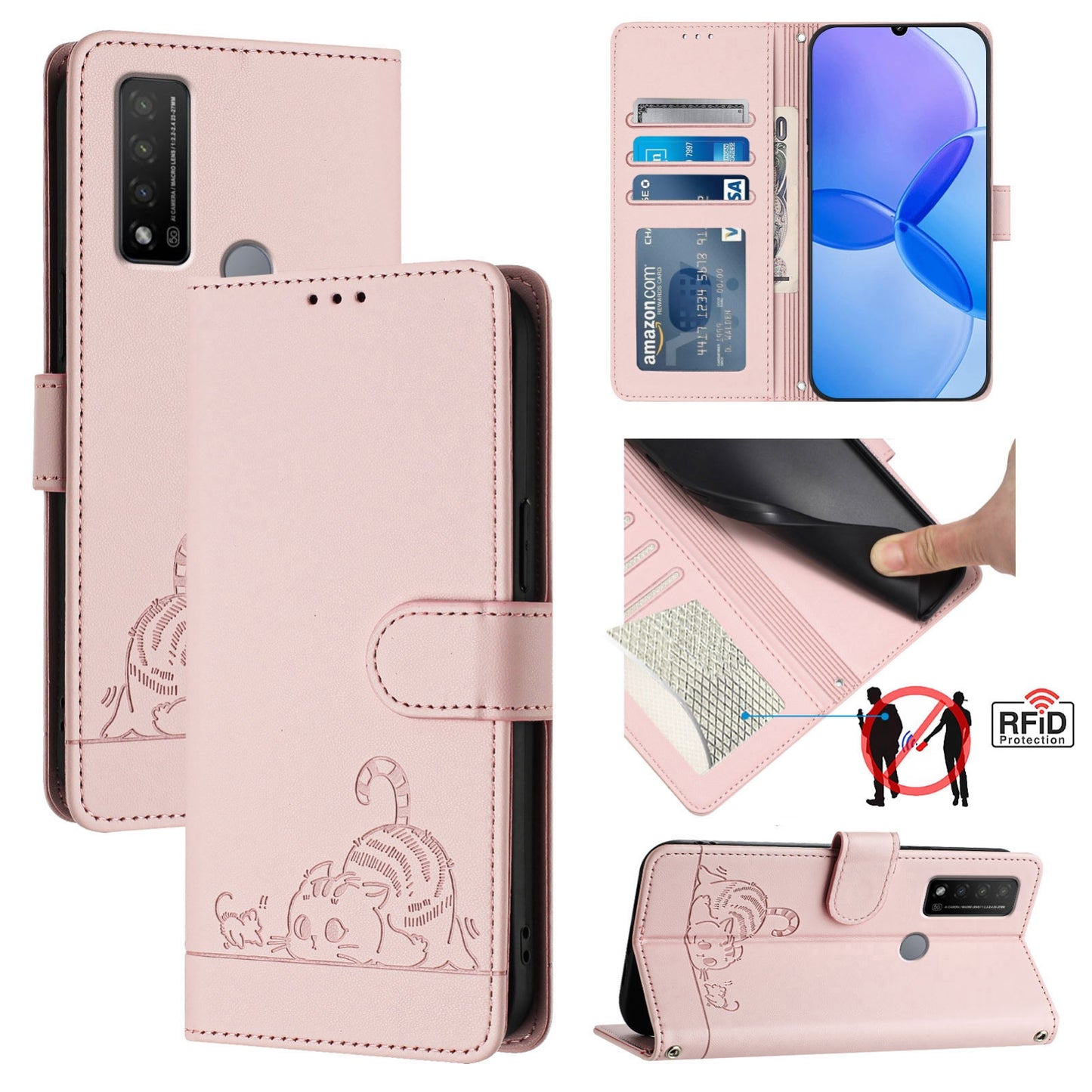 TCL 20 R Cat and Rat Embossed Pattern, RFID Leather Phone Case with Lanyard, Kickstand, and Wallet Features