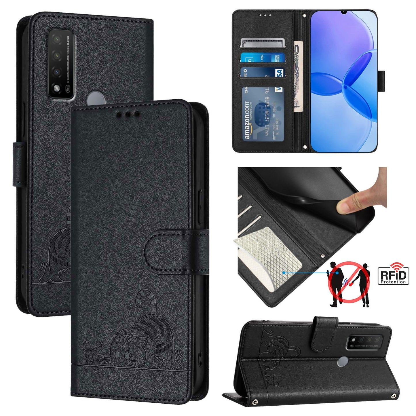 TCL 20 R Cat and Rat Embossed Pattern, RFID Leather Phone Case with Lanyard, Kickstand, and Wallet Features